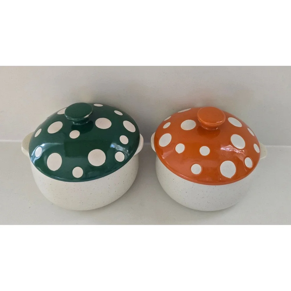 World Market Mushroom Ceramic Ramekin Set Green Orange Polka Dot Lids Set of 2